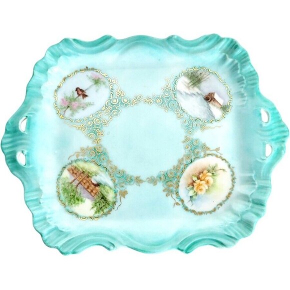 Vintage MCM Hand Painted Gold Victorian Trinket Dish Vanity Tray Signed 9" x 7" - Picture 6 of 7